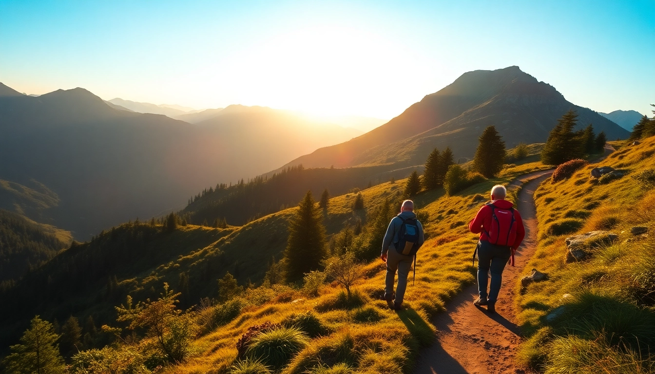 Hiking enthusiasts trekking through Indonesia's scenic mountains with lush greenery and scenic views.