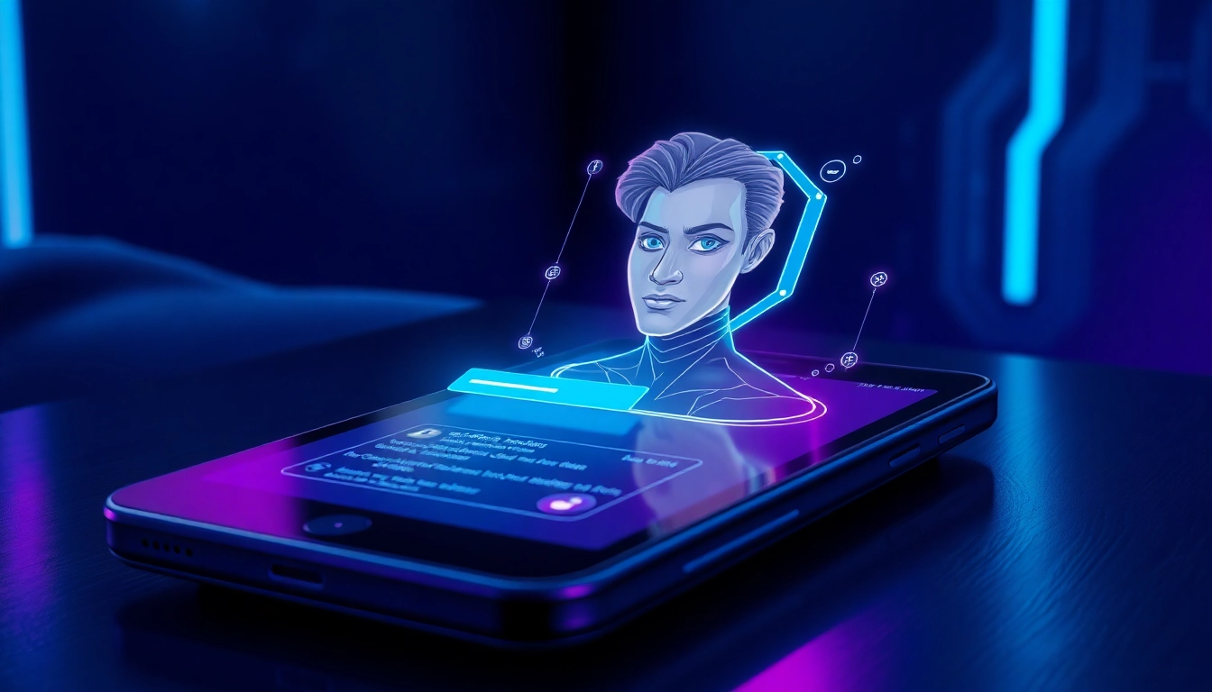 Futuristic AI chatbot interface with holographic adult-themed character on a sleek device