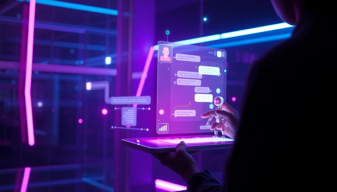 Futuristic digital chat interface with holographic elements and user interacting with AI chatbot in a neon-lit environment.