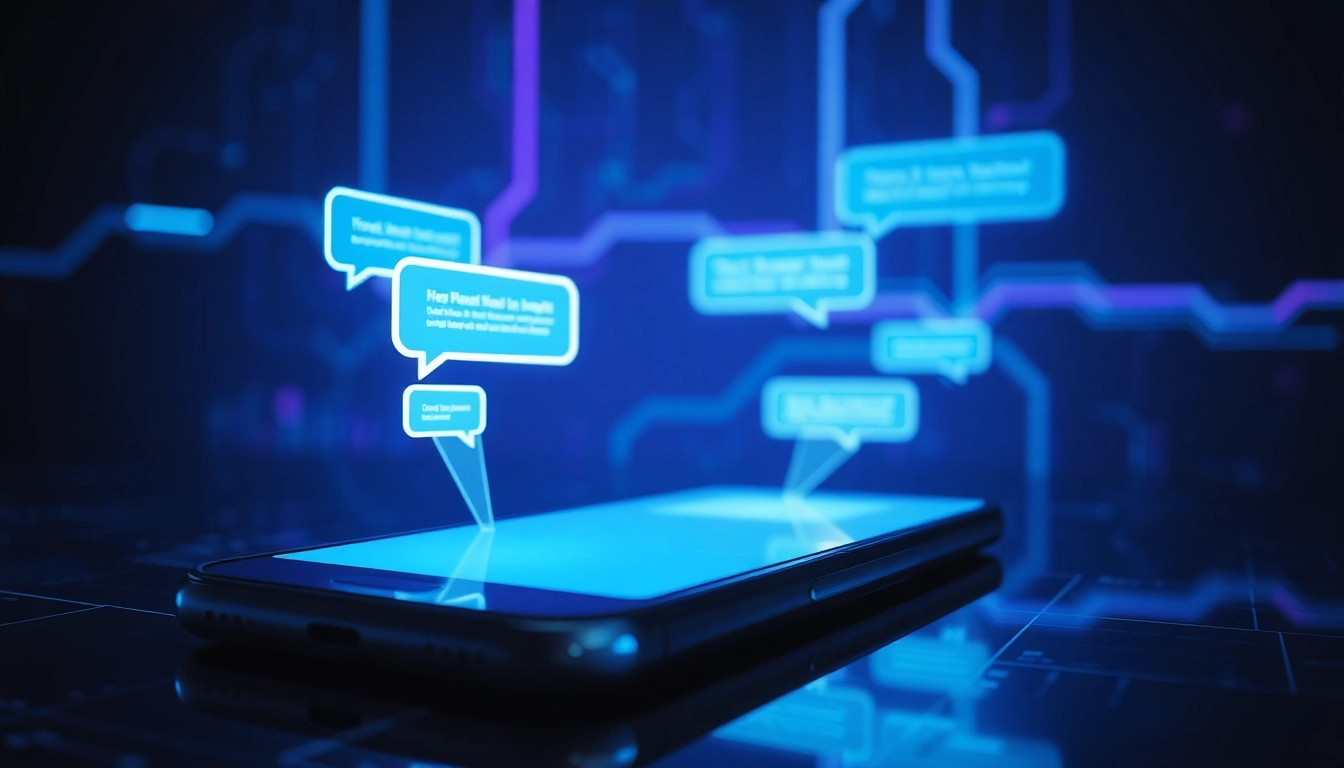 Futuristic smartphone displaying AI chat interface with glowing text bubbles in a high-tech environment.
