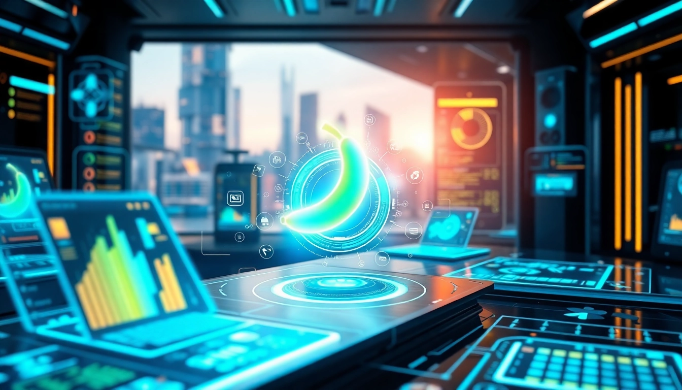 Futuristic AI interface with glowing nano banana icon and holographic editing tools in a high-tech workspace.
