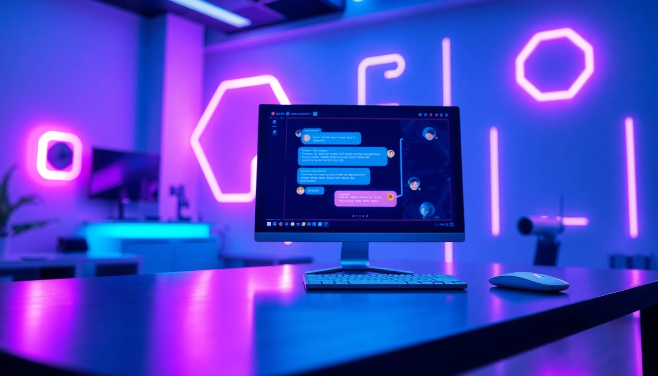 Futuristic digital chat interface with neon accents and AI conversation bubbles in a high-tech environment.
