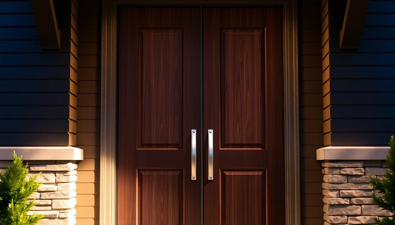 front door replacement: modern entry with a new door, wood grain, polished hardware.