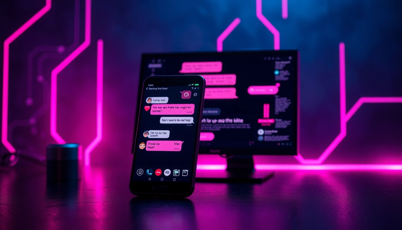 A digital interface showing flirtatious chat bubbles on screens with neon accents, representing NSFW AI interactions.