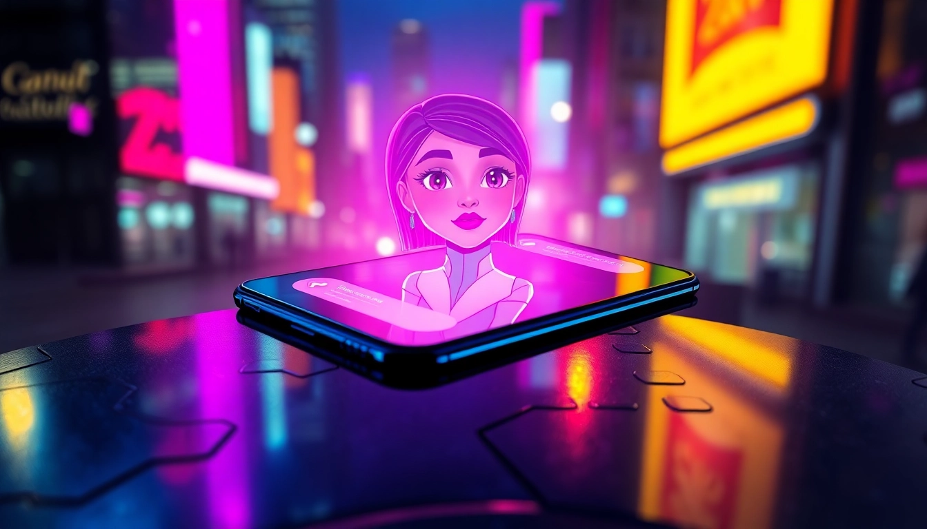 Futuristic smartphone displaying a seductive AI character with neon lighting and cyberpunk city background