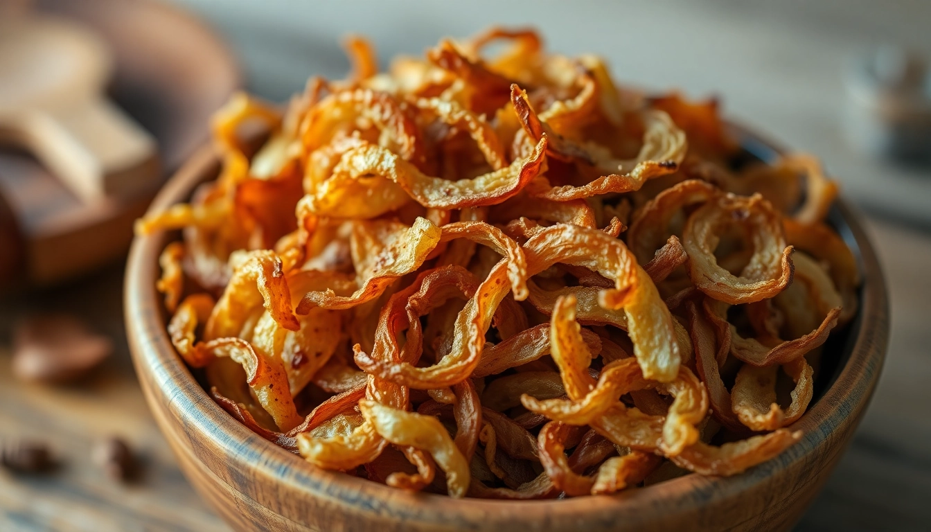 High-quality dehydrated toasted onion slices displayed in a rustic bowl for culinary use and