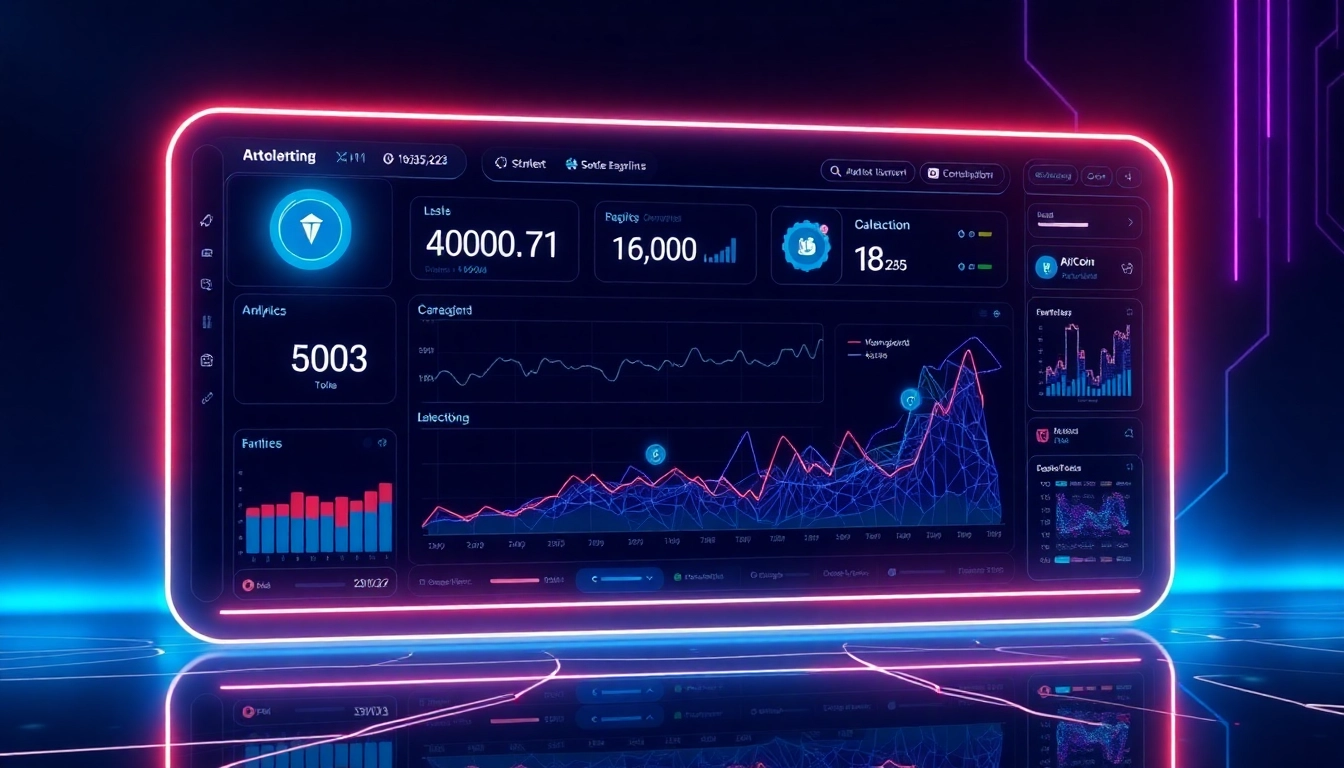 Advanced AICoin data analysis dashboard with market graphs and blockchain visuals for